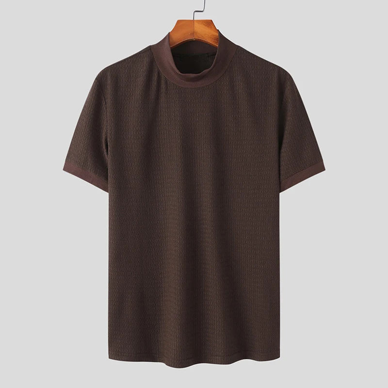 New Summer Fashion Tight T-shirt Casual Streetwear Textured High-neck Solid Color Short-sleeved Bottoming Tees Korean Style Tops