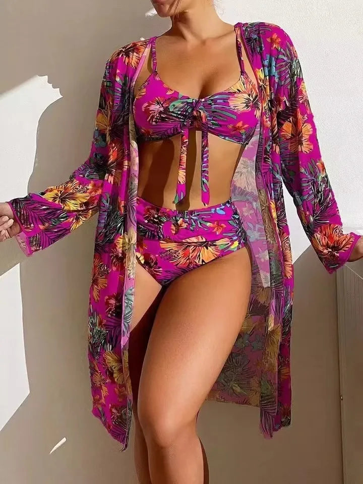 Bohemian Print Sexy Bikini 3 Pieces Floral Printed Swimsuit Women High Waisted Bikini Set With Mesh Long-Sleeved Blouse Swimsuit