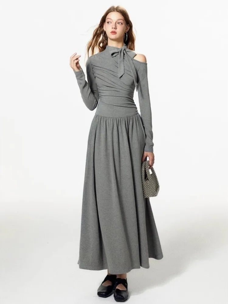Grey Off Shoulder Pleated Dress For Women In Autumn And Winter, With A Unique Sense Of Luxury And A Slim Fit A-Line Dress