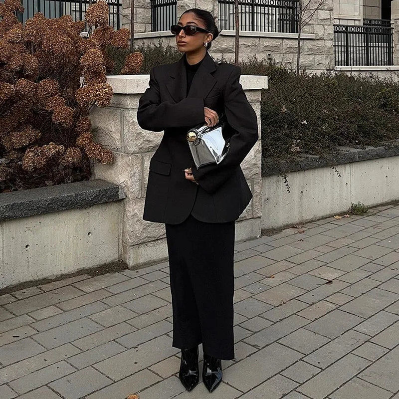 Elegant Lapel Blazer Skirt Set Women Casual Slim.