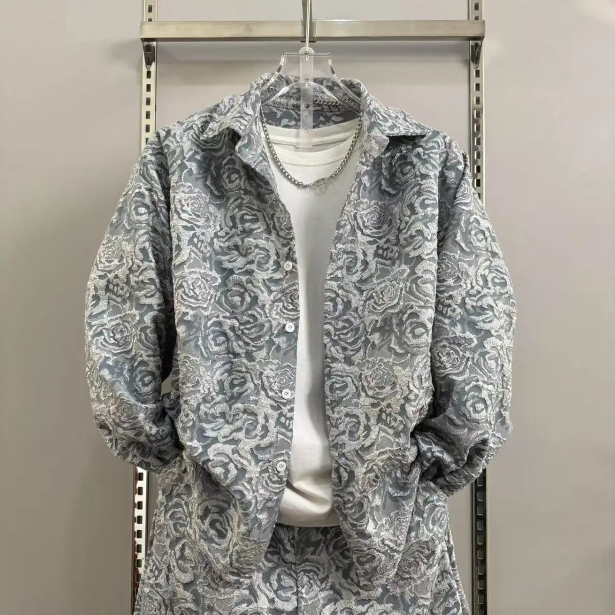 Men's Casual Suit Lapel Jacquard Shirt Trousers Two-piece Set .