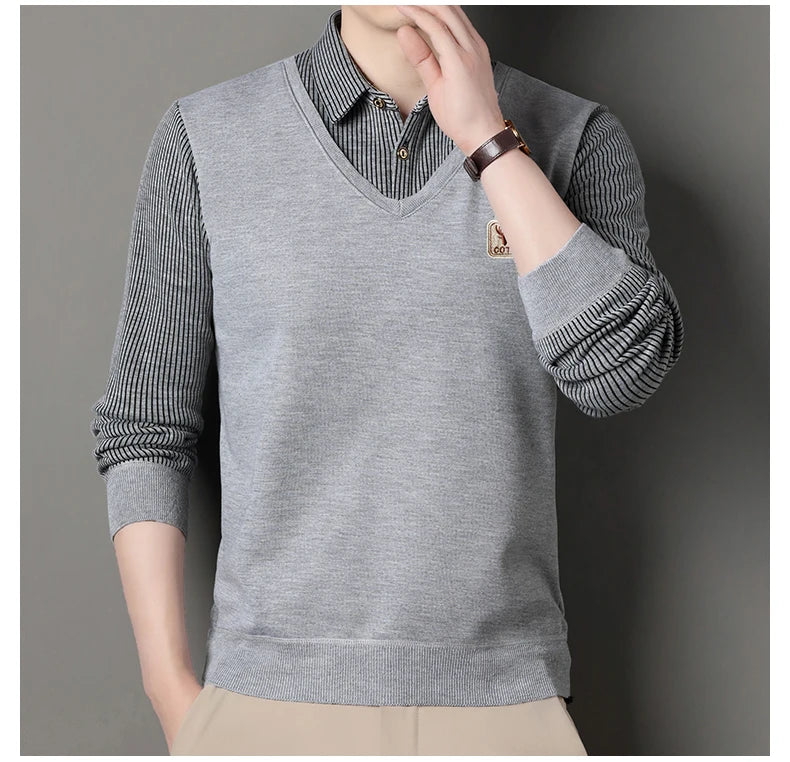 Men's Winter Sweater Fashion Polo Shirt Pullover Slim Fit Elegant Luxury Brand Knitwear Fake Two Pieces Knitted Sweaters