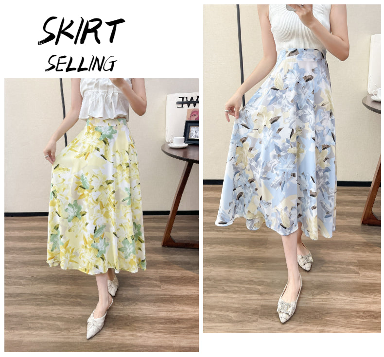 Summer High Waist Women Skirts Casual Floral Printed Chiffon.