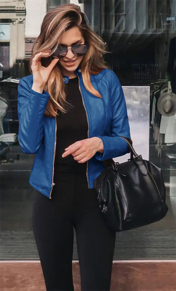 Women Cool Slim Fit Faux Leather Jacket Long Sleeve .
