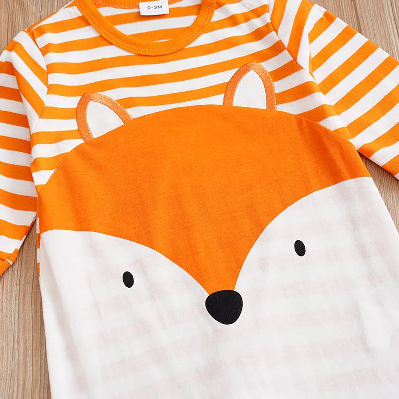 Boys And Girls Cute Cartoon Fox Printed Long Sleeve Baby Bodysuit.