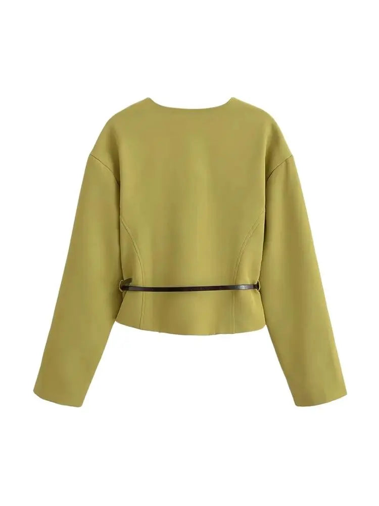 TRZA-Women's Fitted Blazer Coat with Belt, V Neck,.