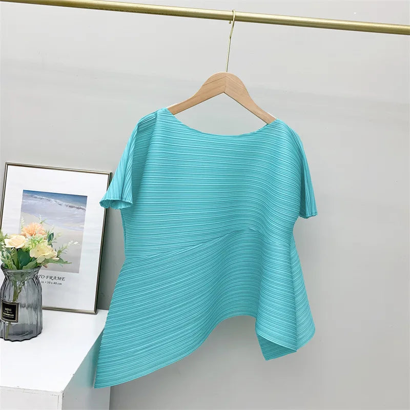 Miyake style pleated tops for women 2024 summer new high-end loose large size stretch fabric clothes temperament T-shirt