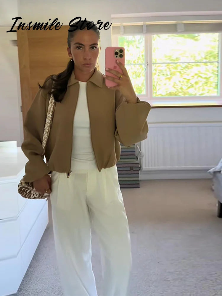 Casual Solid Zipper Lapel Short Jacket Women Long Sleeve .