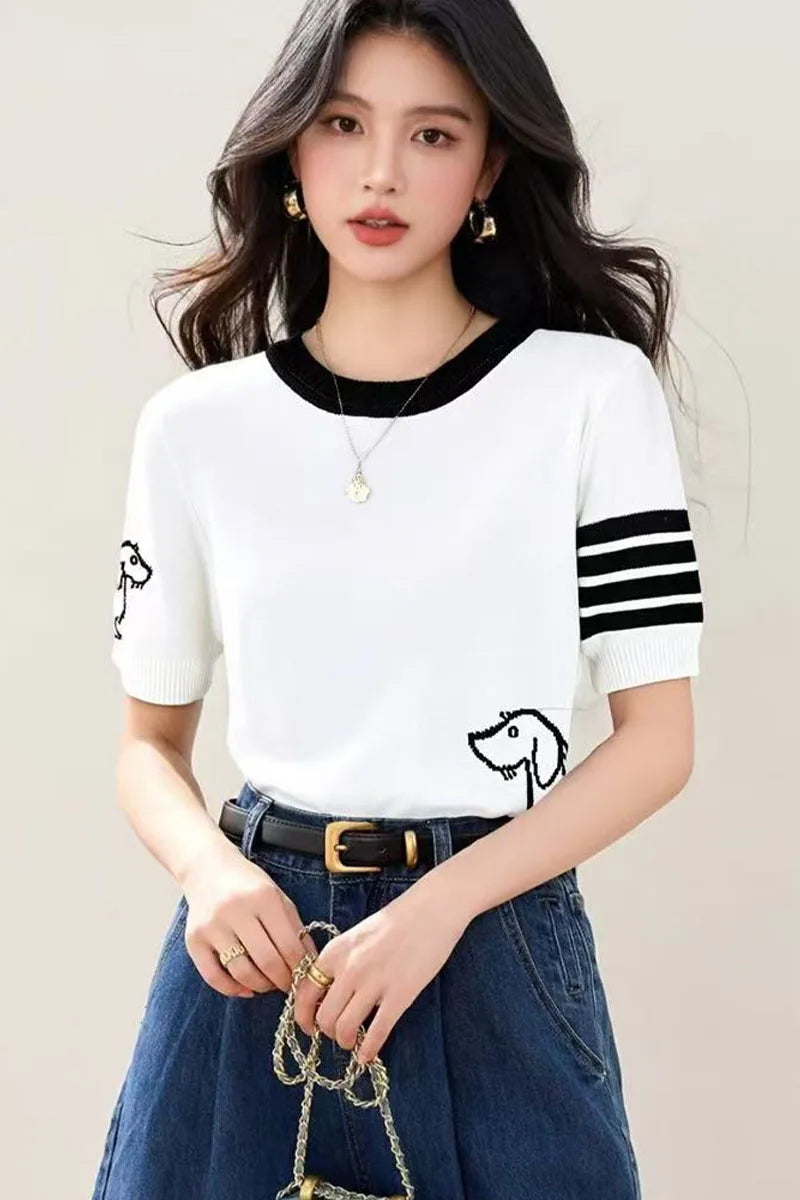 Summer wool women's round neck short sleeved pullover sweater soft  breathable high-quality sweater fashionable solid color top
