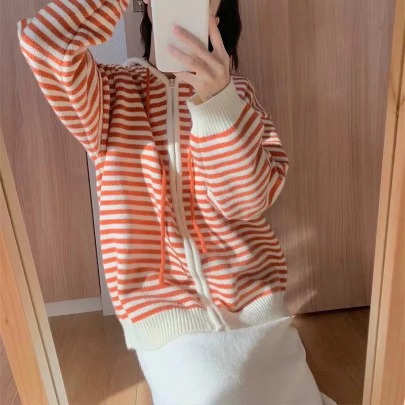 Striped Knit Cardigan Autumn and Winter New Loose Sweet.