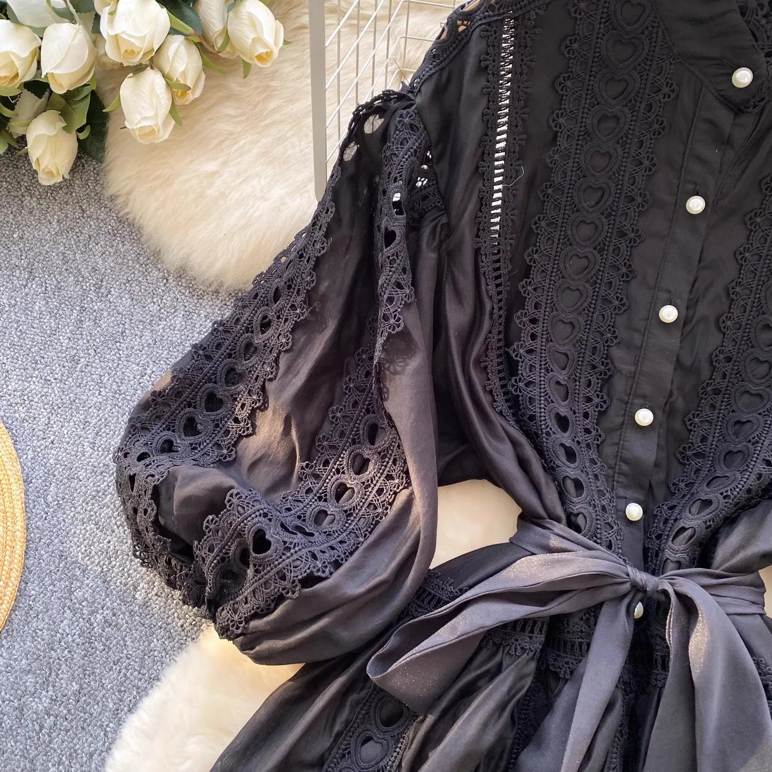 Spring Summer Embroidery Lace Stitching Hollow Out Midi Dress Women's Stand Collar Single Breasted Belt Loose Party Vestidos