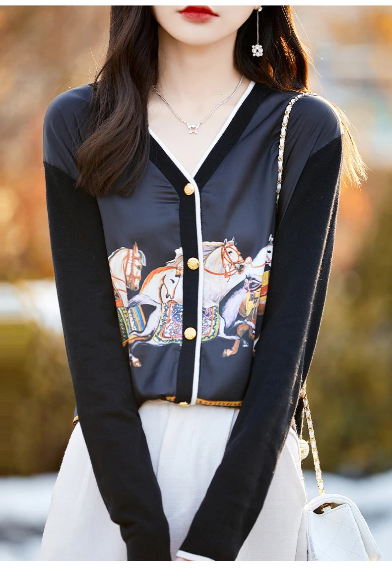 Spring and Autumn New Woven Wool Cardigan Women's V-neck.