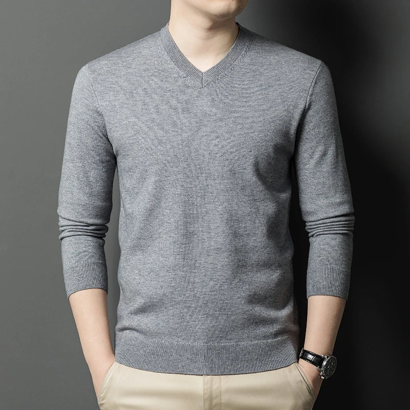 New Sweatwear Men's V Neck Basic Solid Color Sweaters Round Neck Elastic Pullovers Warm Autumn Knitted Oversized Sweater Men