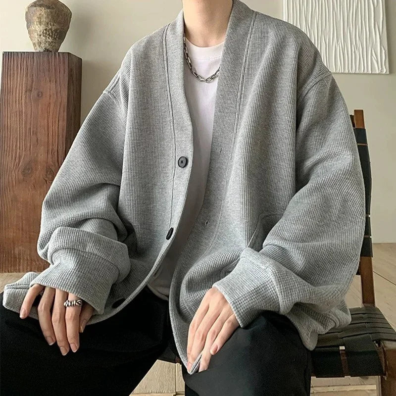 New Korean Fashion Men's Cardigan  Autumn Solid Color.