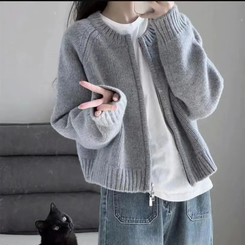 Gray Short Sweater Coat Women Clothing Autumn Winter New Loose .