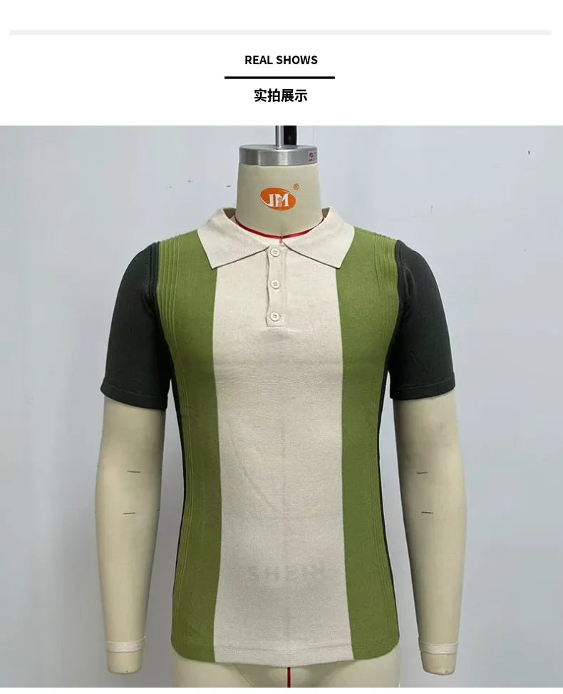 2025 Summer Contrast Color Knitted Polo Shirts Men Green Stripe Turn-down Collar Tops for Men Slim Fit Casual Business Polos