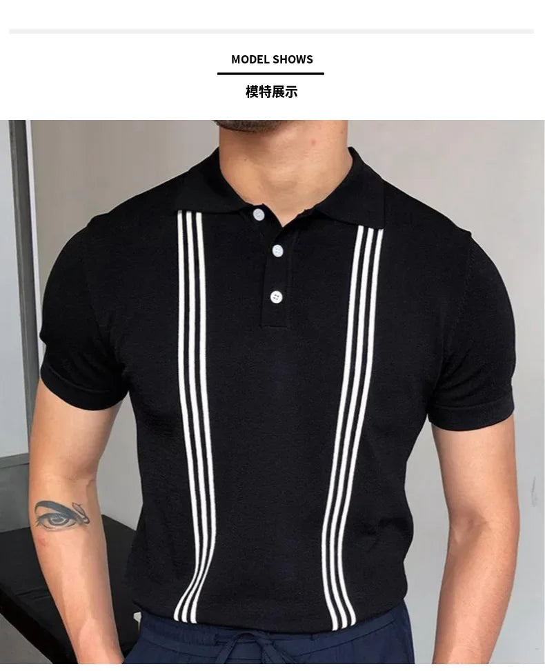 Men's Polo Shirts Vintage Striped Lightweight Knit Golf Shirts Classic Casual Short Sleeves Tops Male Business Social Shirt