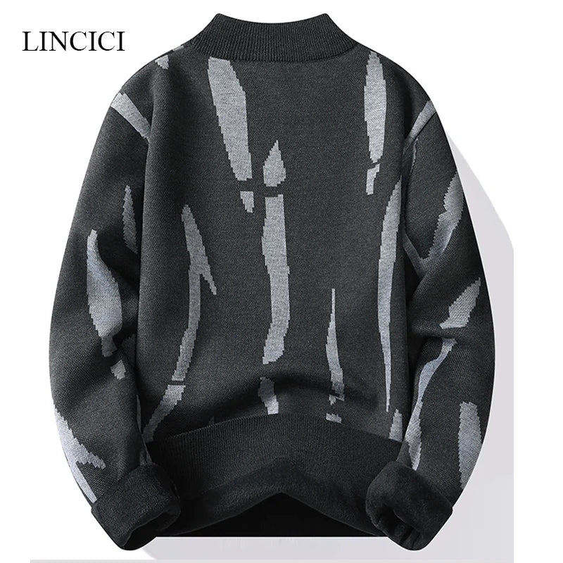 2024 M-4XL Autumn/Winter New Men's Sweater Half High Collar Zebra Pattern Color Blocked Velvet Knitted Sweater Warm Hoodie Top