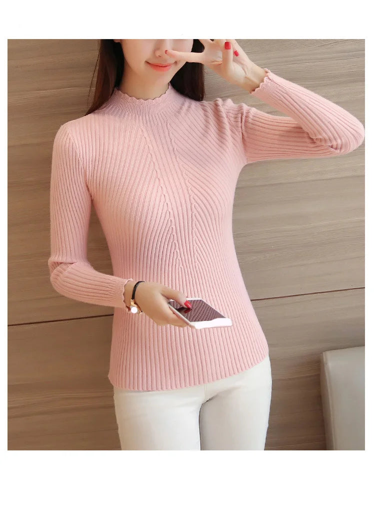 Autumn Women Mock Neck Ruffles Sweater Long Sleeve.