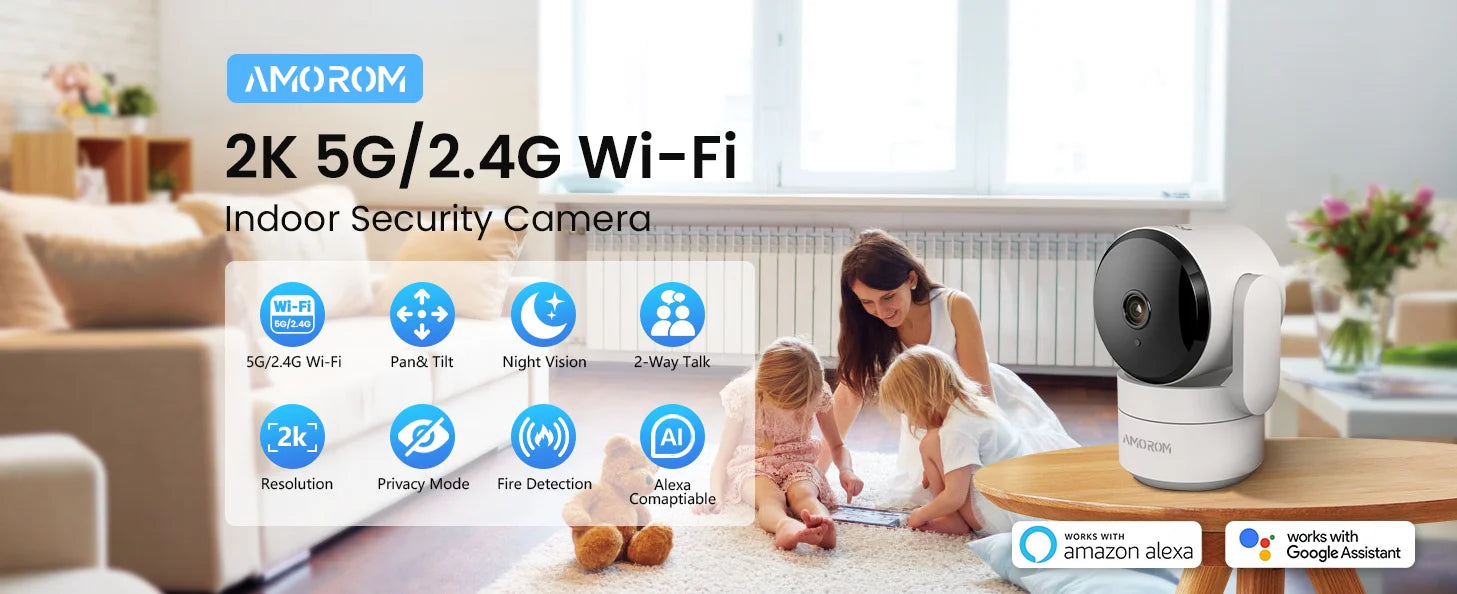 AMOROM 2K Indoor Camera 5/2.4G Wi-Fi Home Night Vision Security Camera.