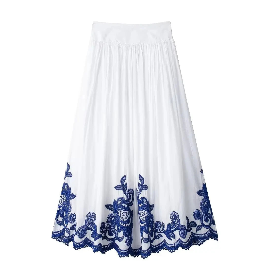 TRAFZA 2024 Woman Embroidery Print Set V Neck Casual Shirt Top + A-Line High Waist Chic Elegant Women's Pleated Long Skirt TRAF