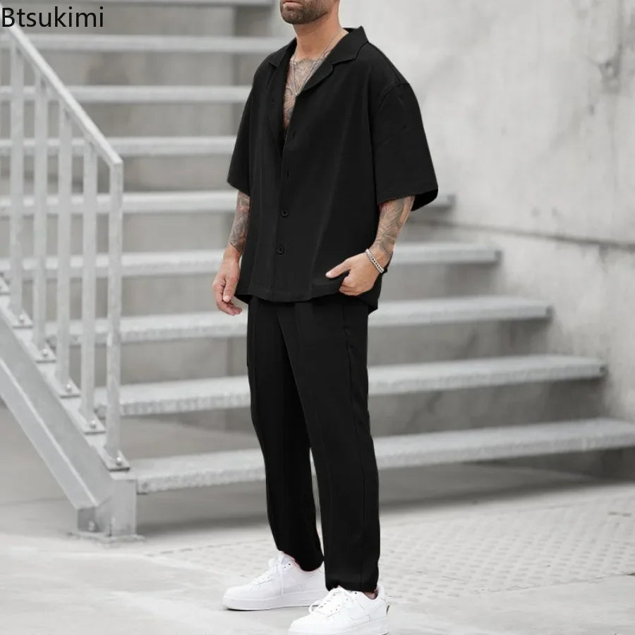 Men's Casual 2PCS Pants Sets Fashion Lapel Shirt .