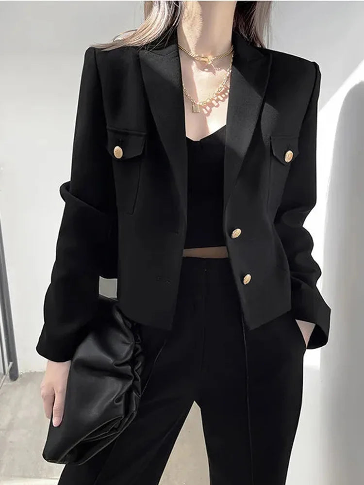 Zoki Casual Black Blazer Coats Women Fashion Slim Long Sleeve .