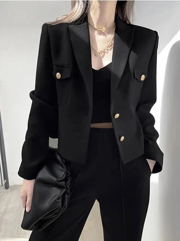 Zoki Casual Black Blazer Coats Women Fashion Slim Long Sleeve .