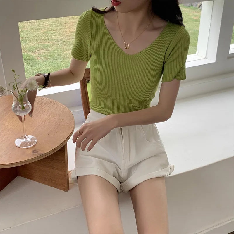 V-neck Solid Thin Summer Women Pullover Female Knitted Ribbed Sweater.