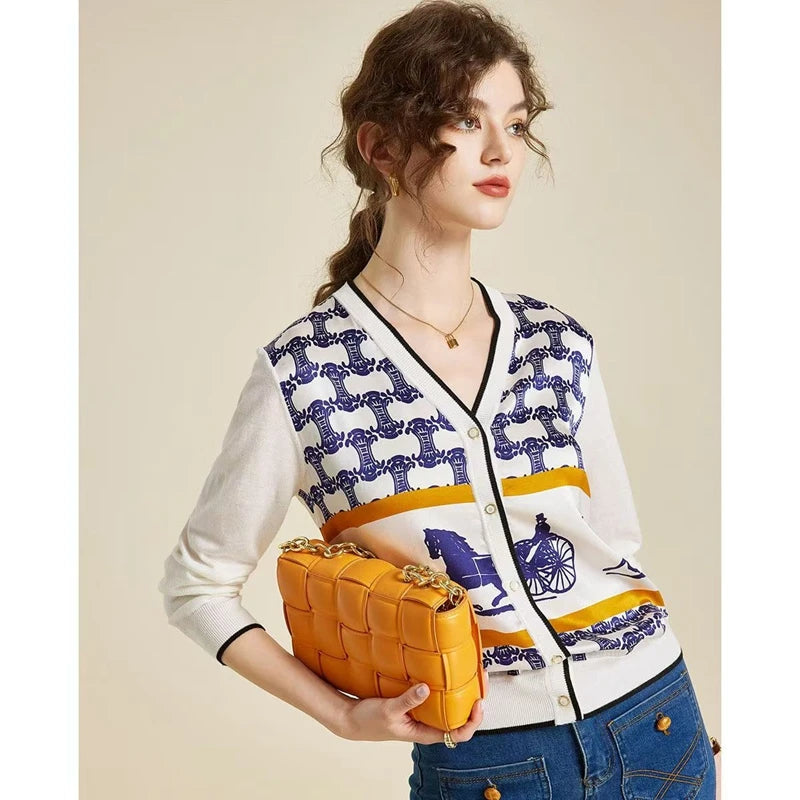 Spring and Autumn New Woven Wool Cardigan Women's V-neck.