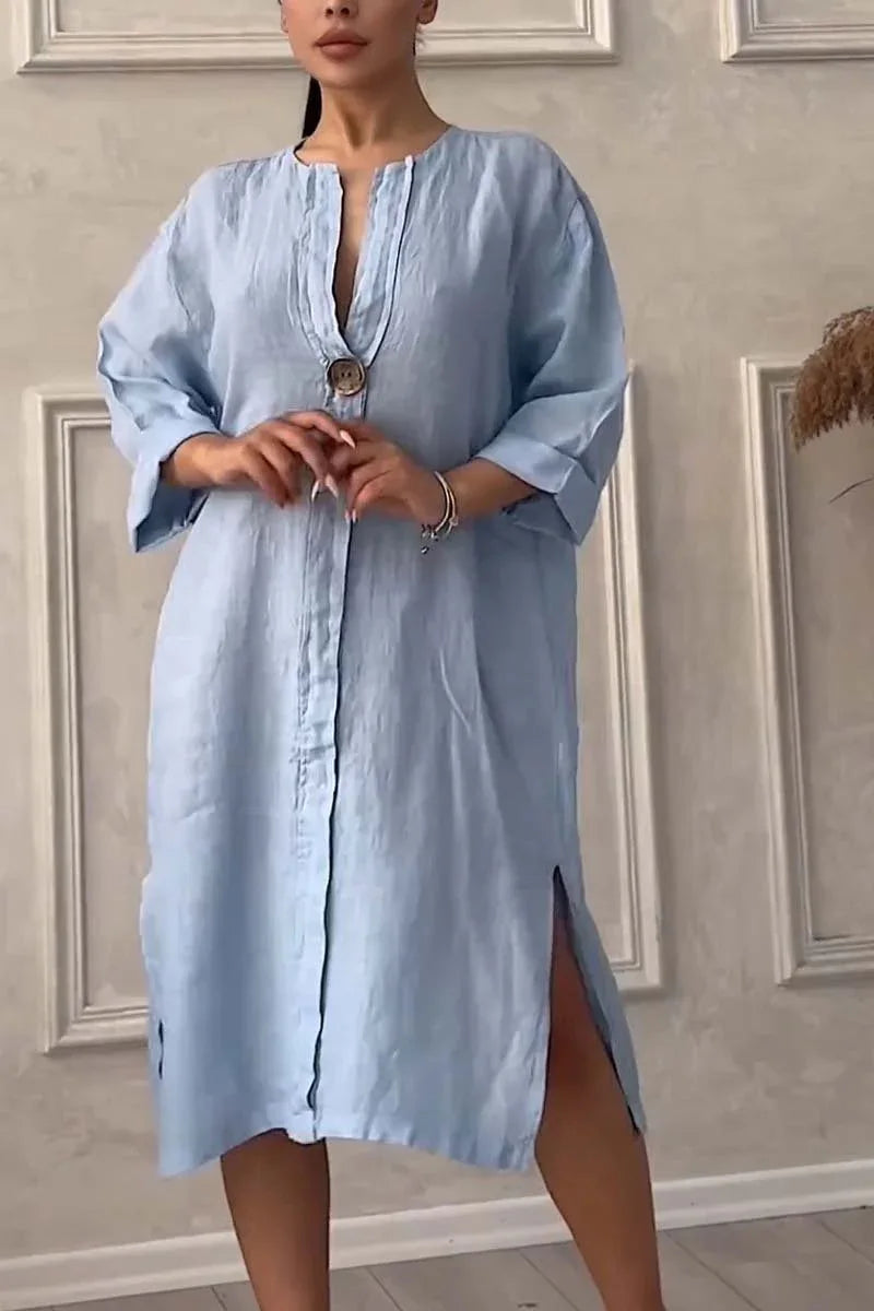 Elegant O-neck Long-sleeved Button Dress For Women's ./ MH