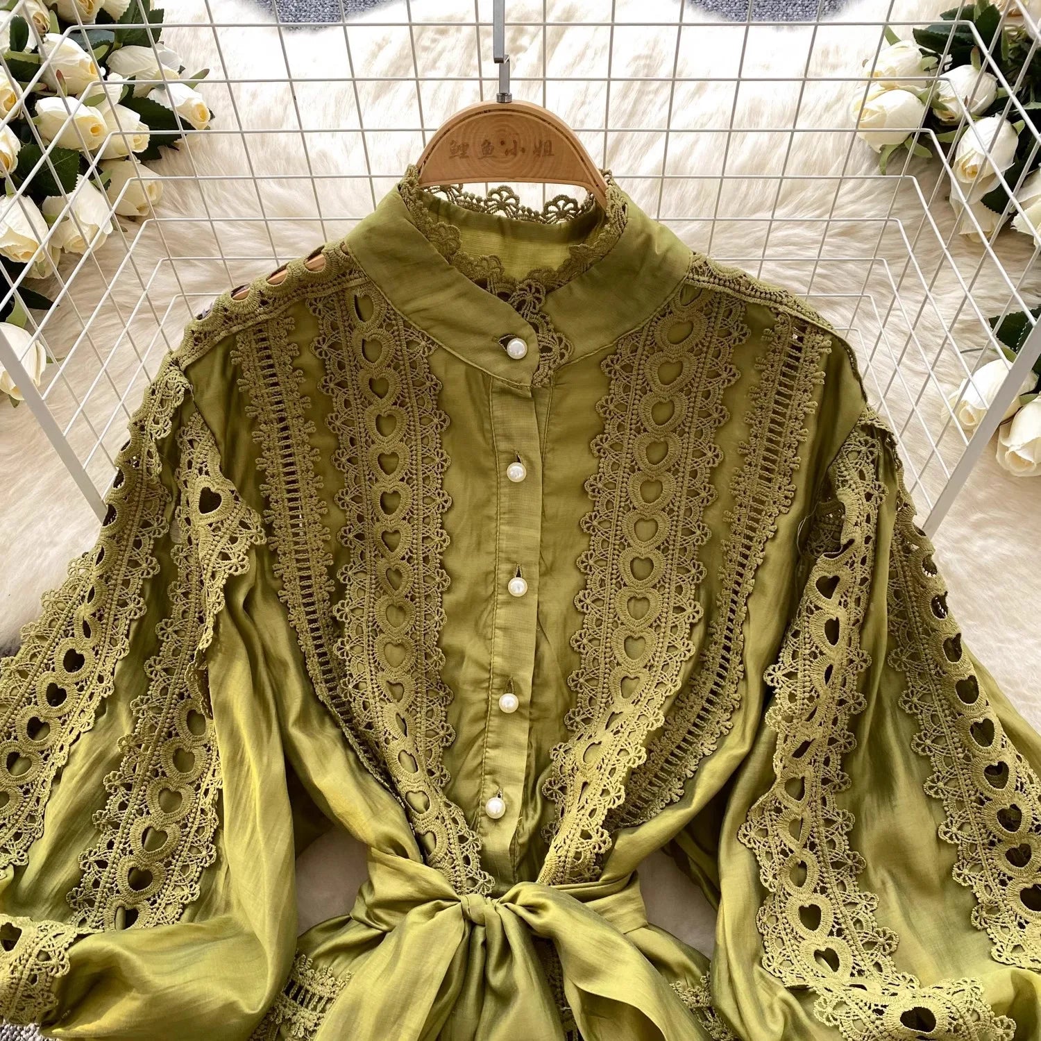 Spring Summer Embroidery Lace Stitching Hollow Out Midi Dress Women's Stand Collar Single Breasted Belt Loose Party Vestidos