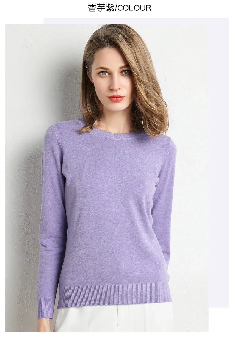 Women Slim O-Neck Pullover Cashmere Wool Blending Sweater.
