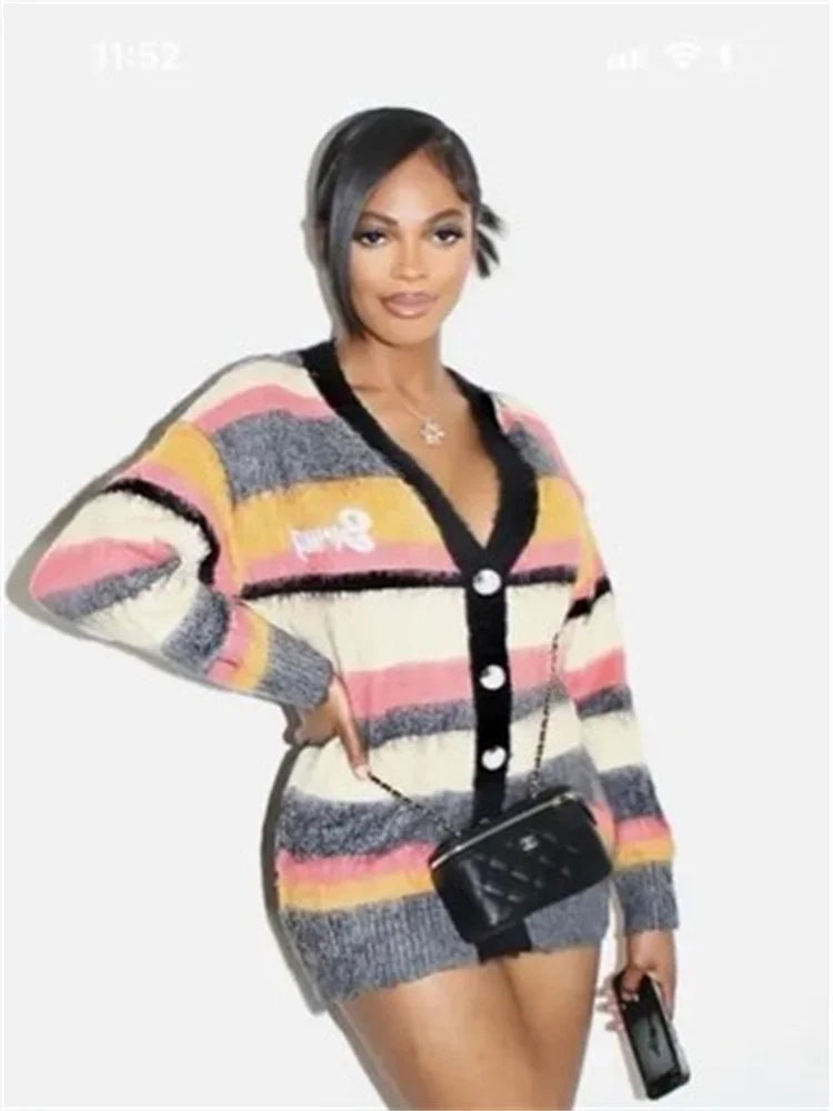 Weird Puss Knitted Colorful Stripe Jacket Women Cardigan .