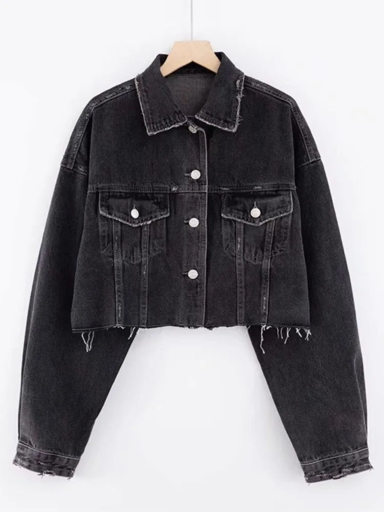 Autumn Drop Shoulder Loose Short Denim Jacket .