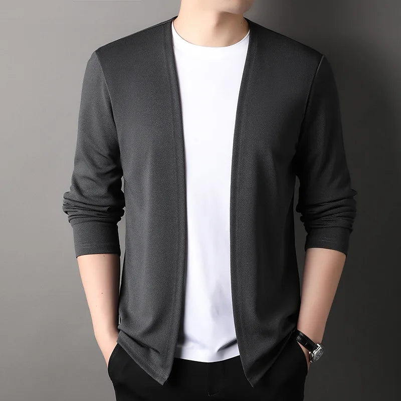 Spring Autumn Knit Cardigan Men Fashion Solid Color Stand.