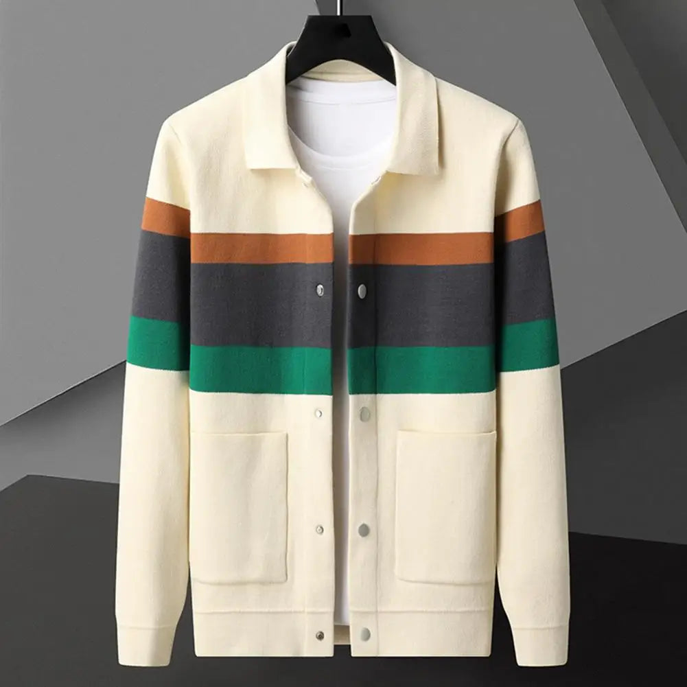 Fall Winter Men Cardigan Sweater Coloblock Turn-down.