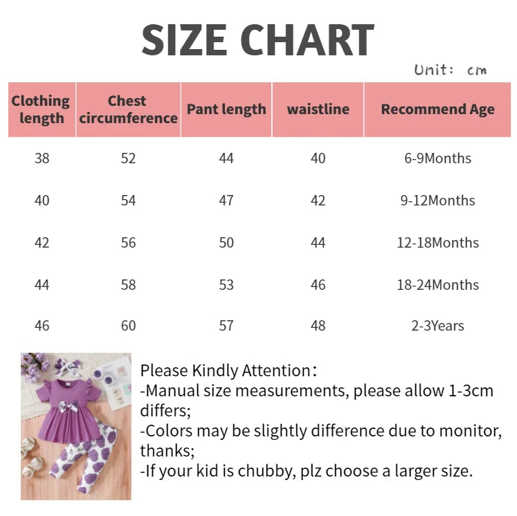 0-3 Years Baby Girl 3PCS Clothes Set Purple Short Sleeved Top+Floral Pants+Headband Fashion Toddler Girl Summer Daily Outfits