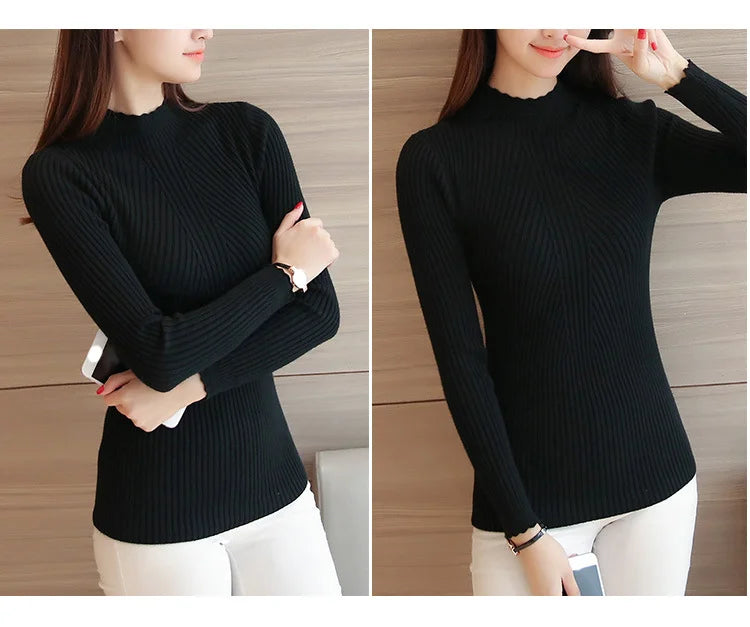 Autumn Women Mock Neck Ruffles Sweater Long Sleeve.