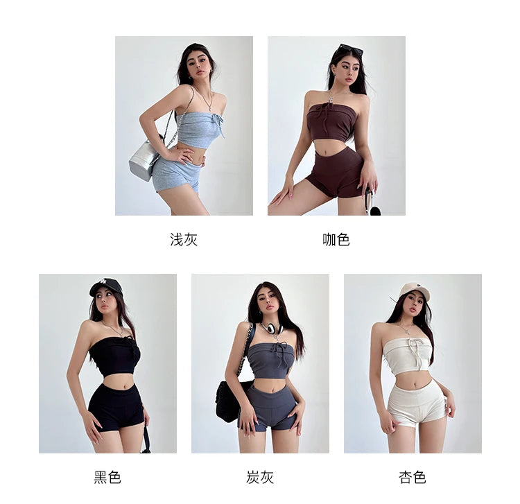 Summer Spicy Girl Casual Lace Up Bra Flip Waist Shorts Two Piece Fashion Set Fashion Casual Women Shorts Set 2024 New TX7C