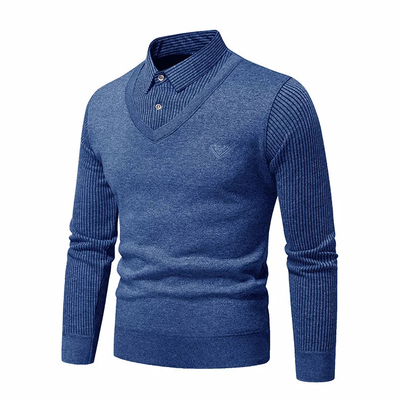 Autumn and Winter New Men's Fake Two Piece Sweater with Fleece and Slim Fit Polo Collar Knitted Bottom Shirt Thickened and Warm