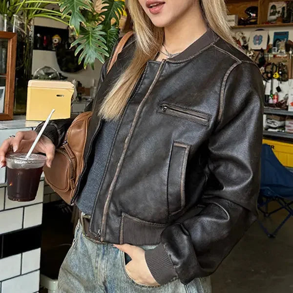 American Vintage Short Motorcycle Leather Jacket Women.