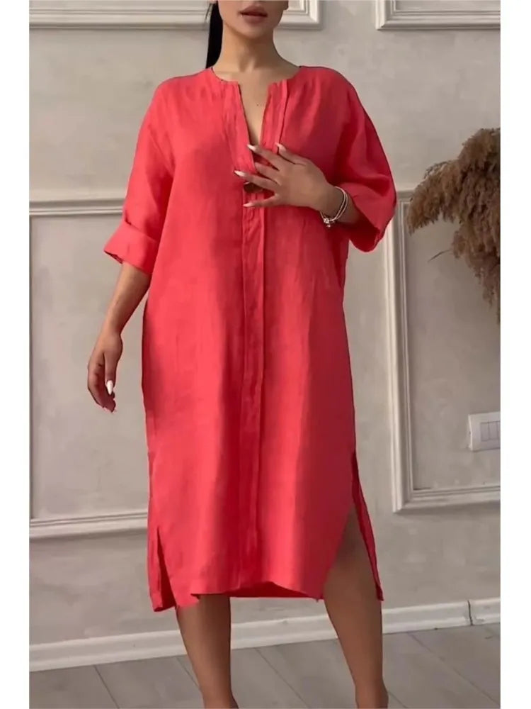 Y2k Long Sleeve Linen Maxi Dress Women ./MH
