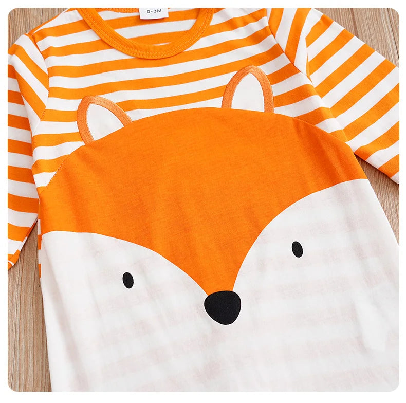 Boys And Girls Cute Cartoon Fox Printed Long Sleeve Baby Bodysuit.