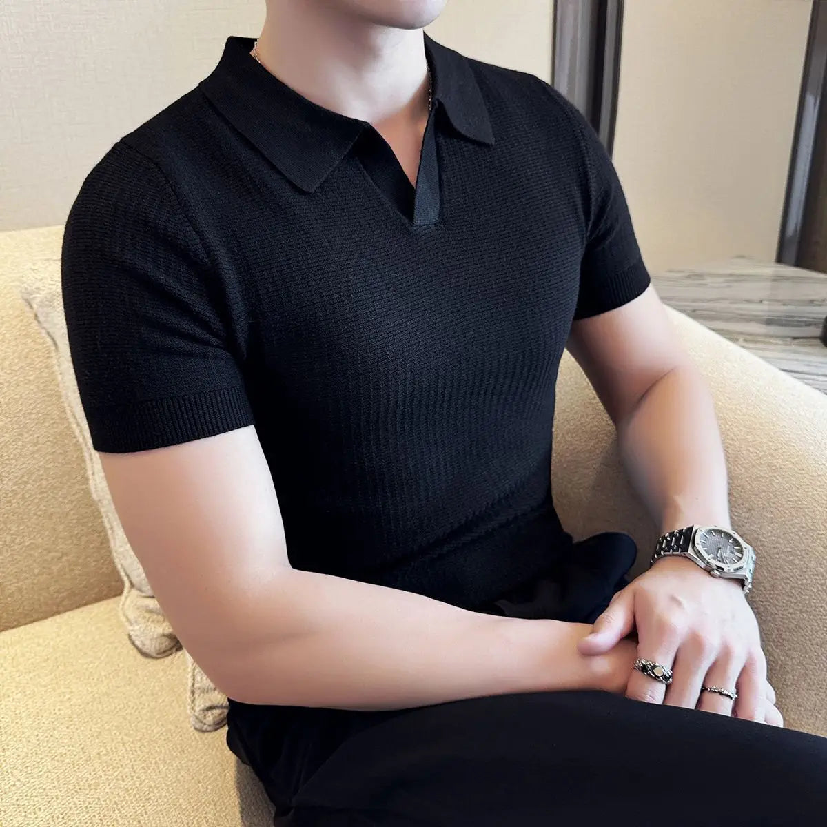 Men's Polo Shirt, Korean Style Slim Fit Collar Solid Color Casual Thin Sleeve Trendy Knit Top