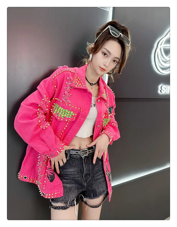 Women Graffiti Printed Rivets Denim Jacket Loose Holes Diamonds .