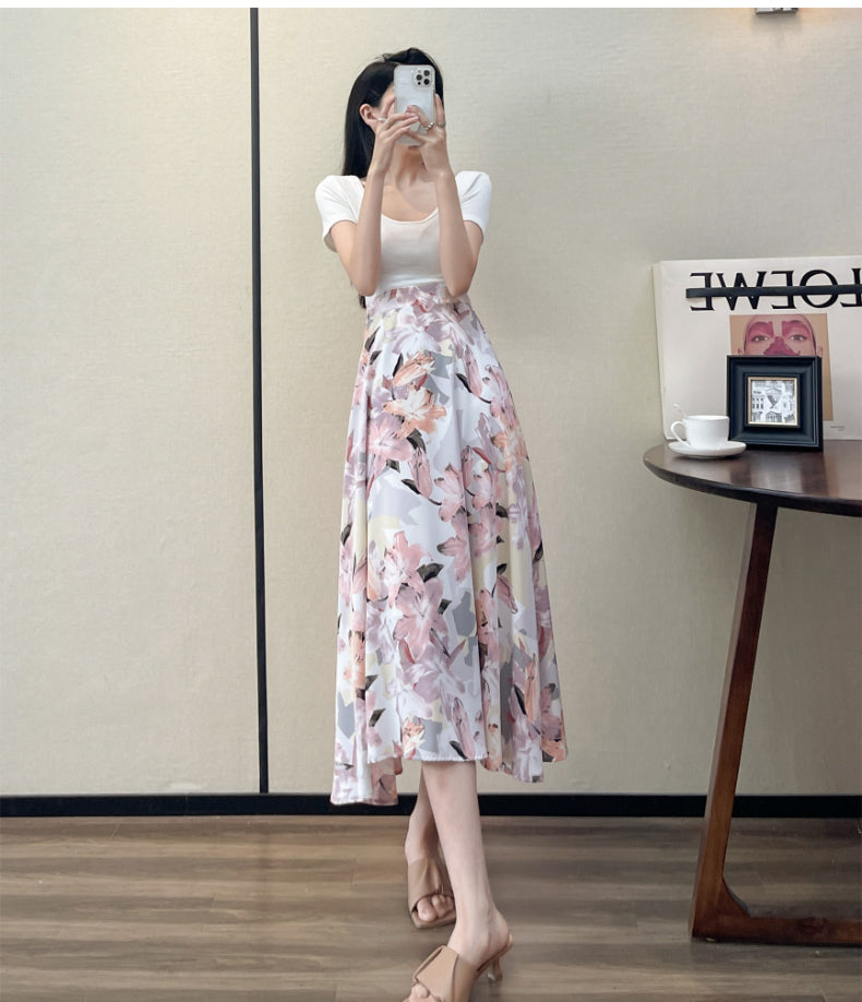 Summer High Waist Women Skirts Casual Floral Printed Chiffon.