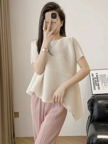Miyake style pleated tops for women 2024 summer new high-end loose large size stretch fabric clothes temperament T-shirt
