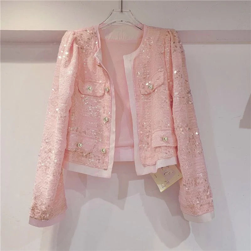 Women's Korean Outerwear Cardigan Splicing Sequin Jacket .