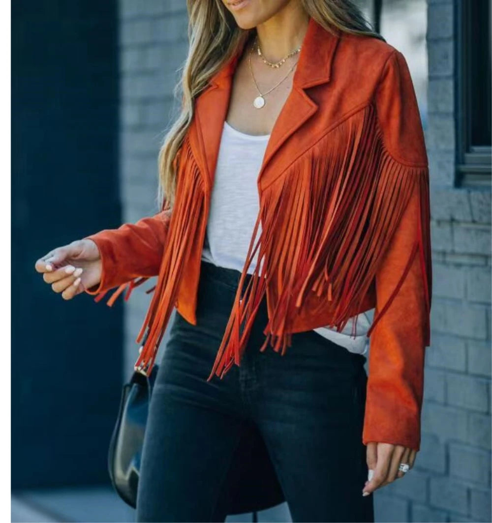 New women Motor Biker Cardigan OutwearsFaux Suede Tassel Jacket.